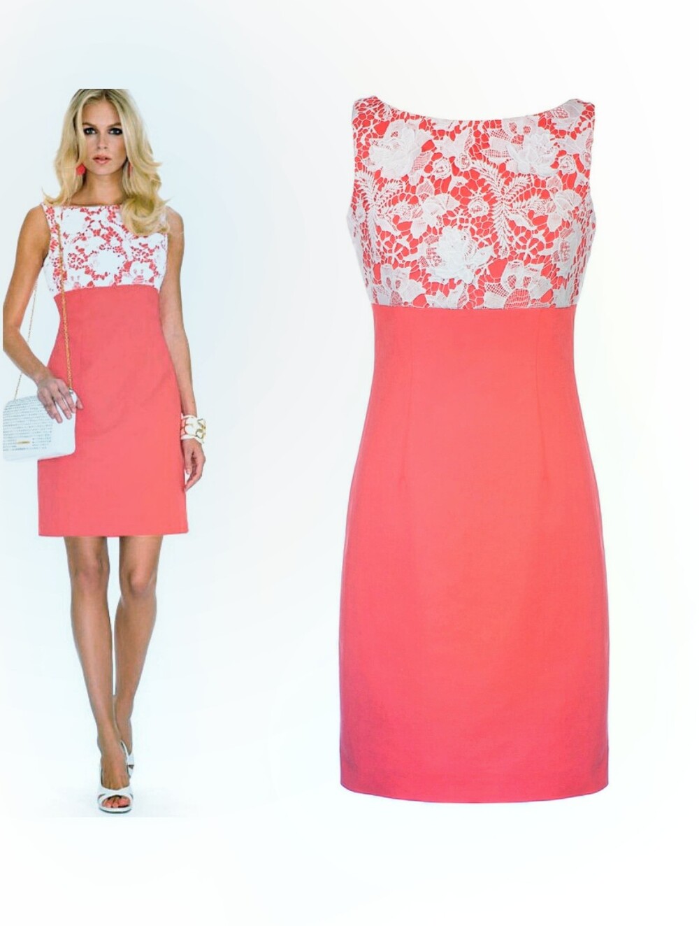 Luisa Spagnoli Coral Pink sheath Dress sleeveless embroidery lace bust Summer